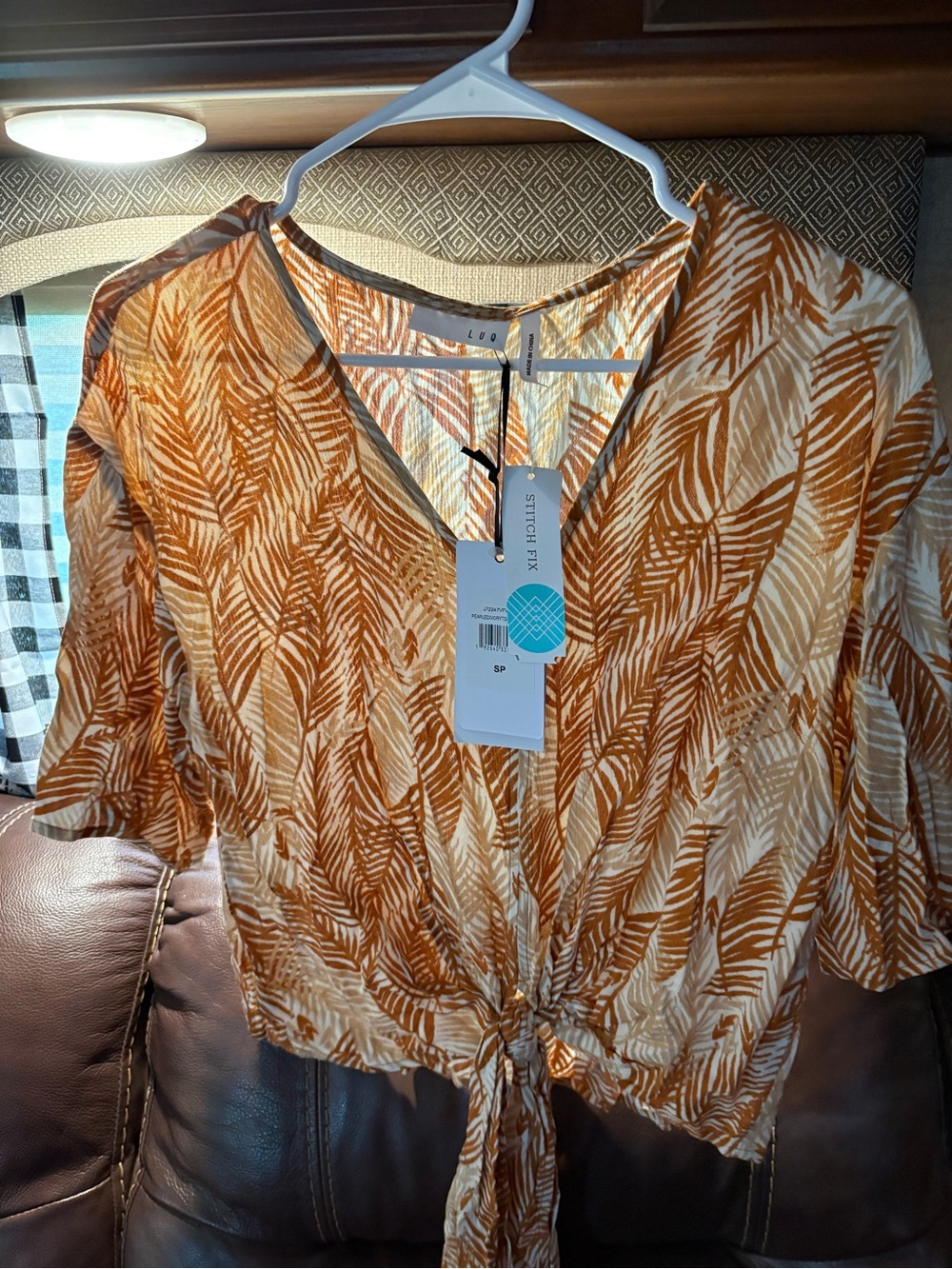 Tie-Front Leaf-Print Blouse in Rust/Cream